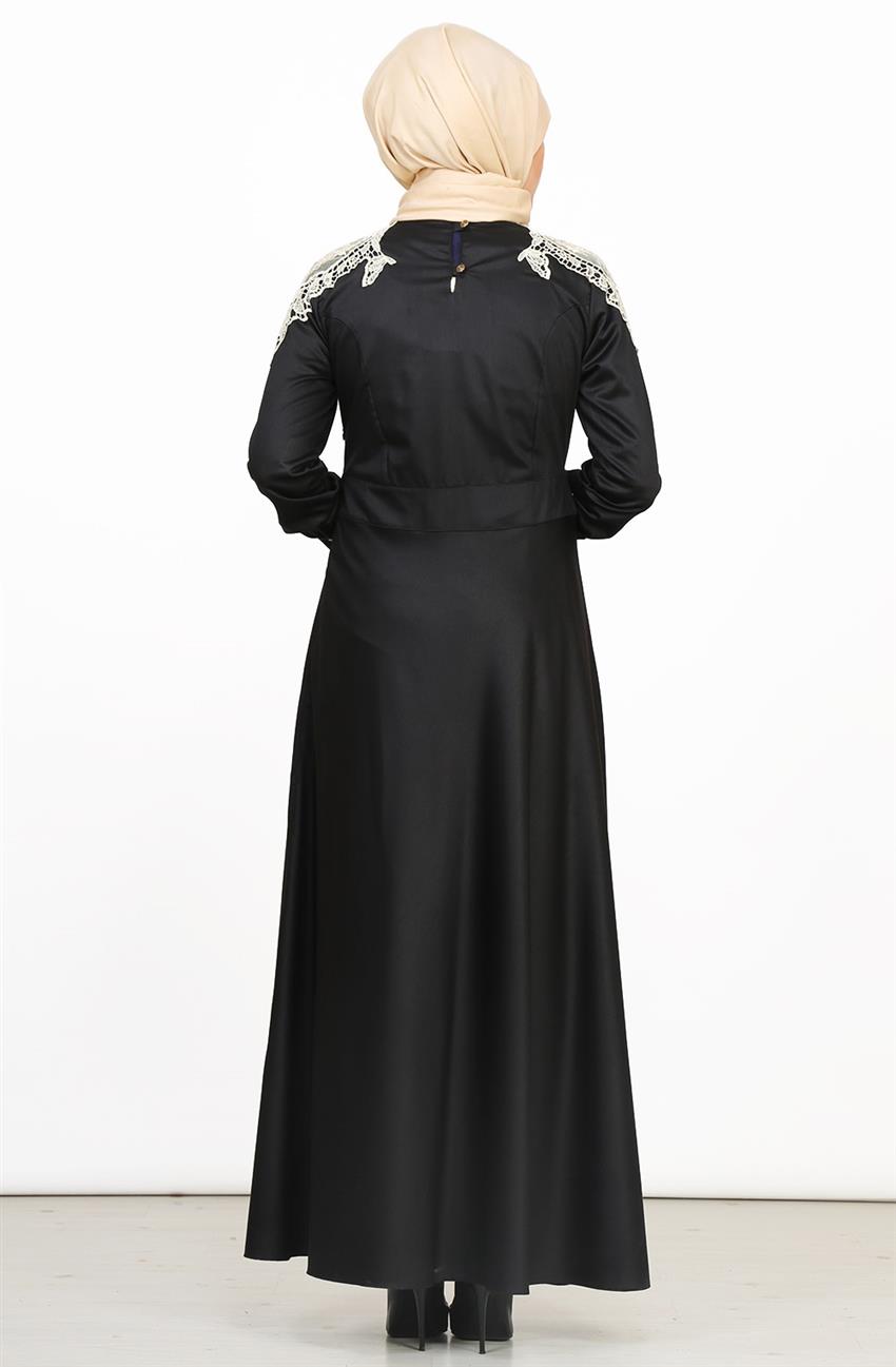 Güpür Detaylı Abiye Siyah Elbise 6269-01
