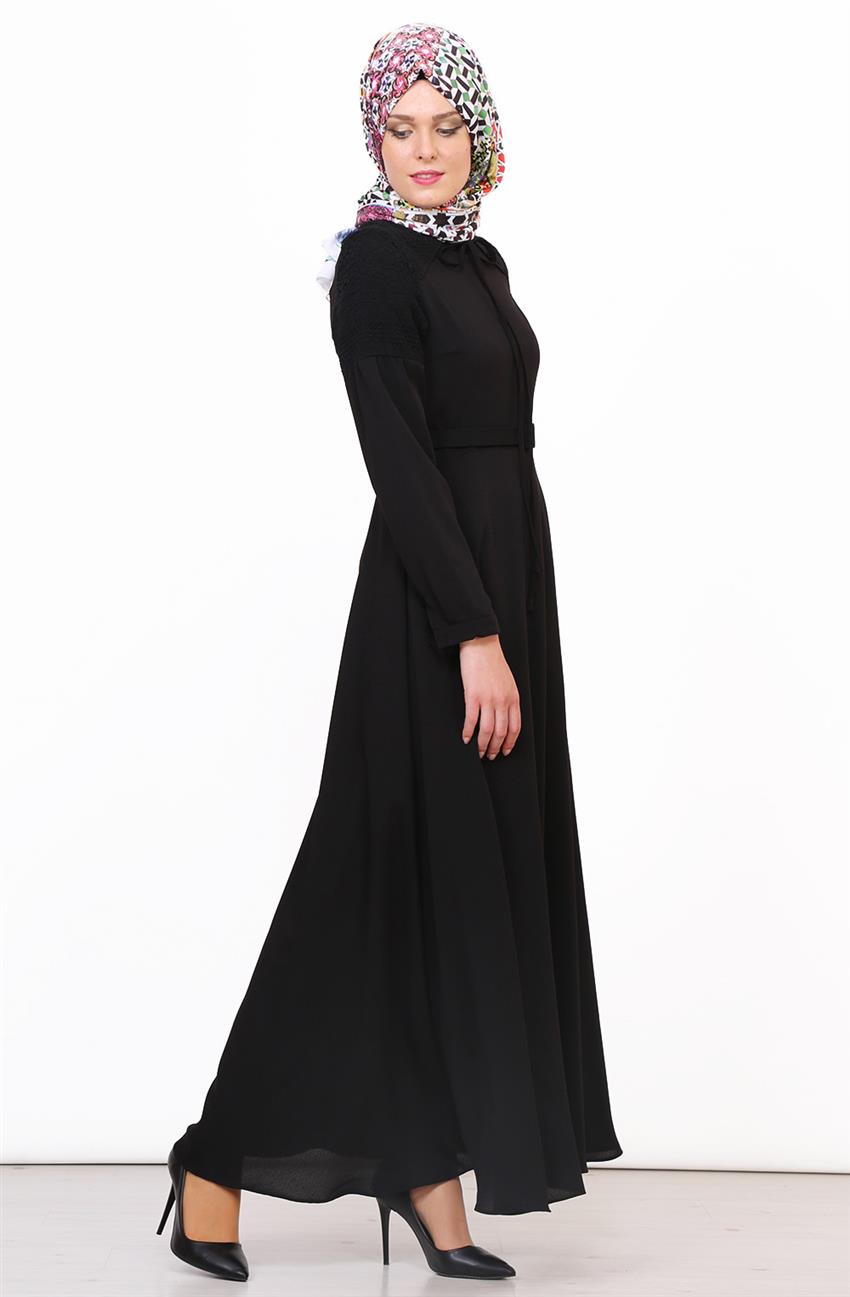 Fiyonk Bağlamalı Siyah Elbise 8001-01