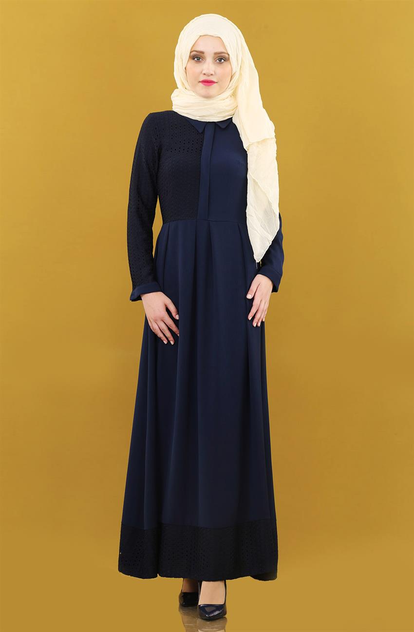 Sivri Yaka Kesimli Lacivert Elbise 8006-17