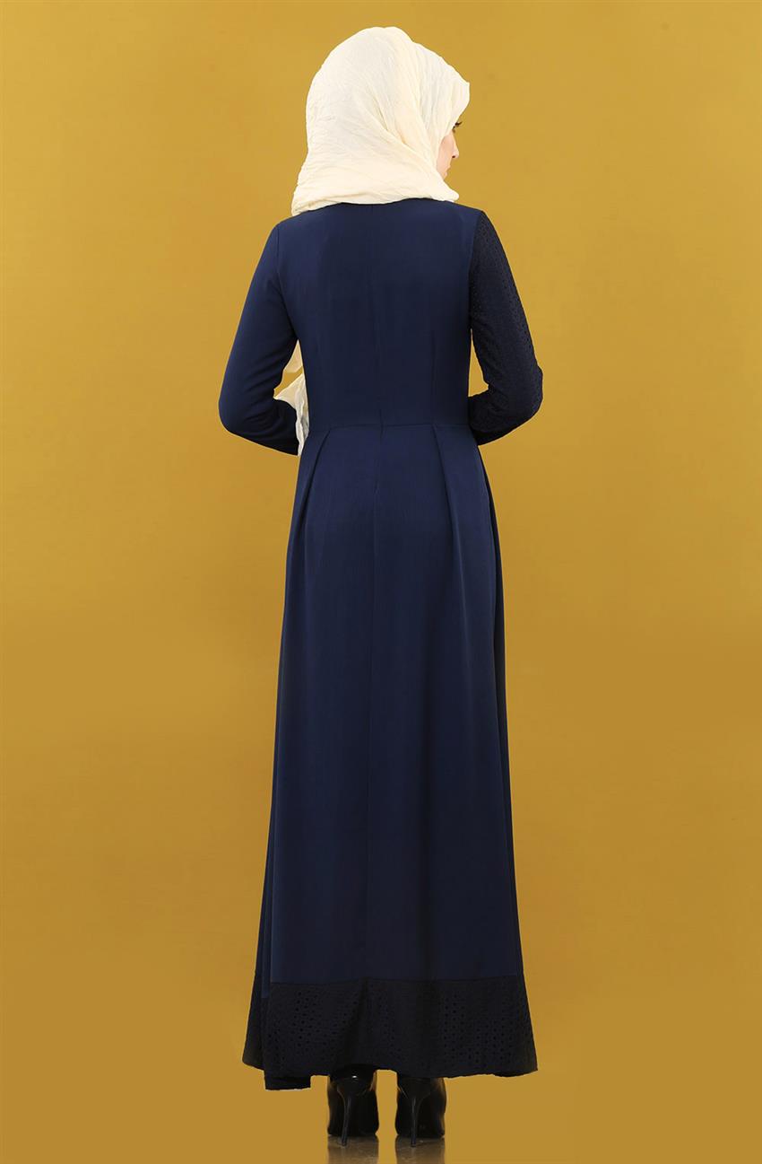 Sivri Yaka Kesimli Lacivert Elbise 8006-17