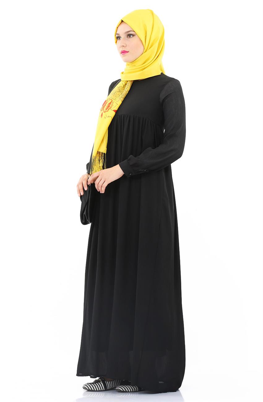 Büzgü Detaylı Siyah Elbise 8004-01