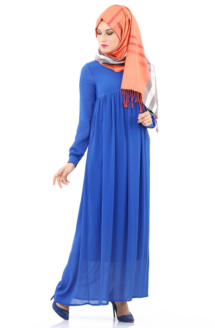 Büzgü Detaylı Mavi Elbise 8004-70