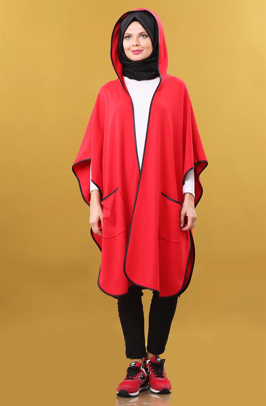 Kapişonlu Kimono-Kırmızı G7181-11