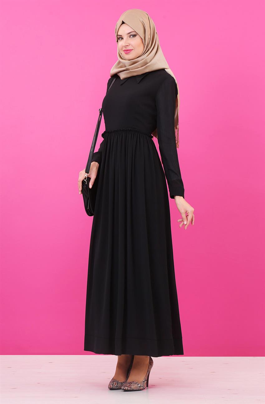 Sivri Yaka Kesimli Siyah Elbise 8005-01