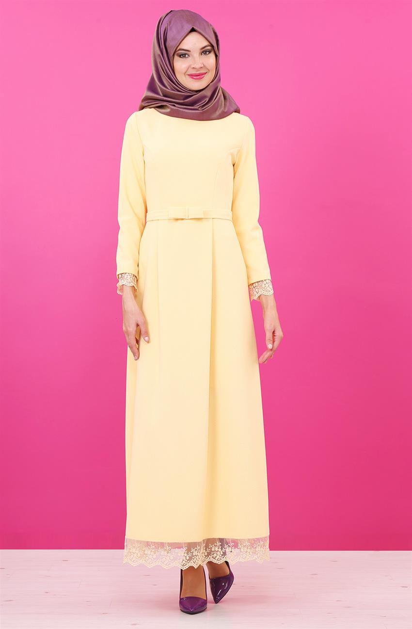 Güpür Detaylı Sarı Elbise 8014-29