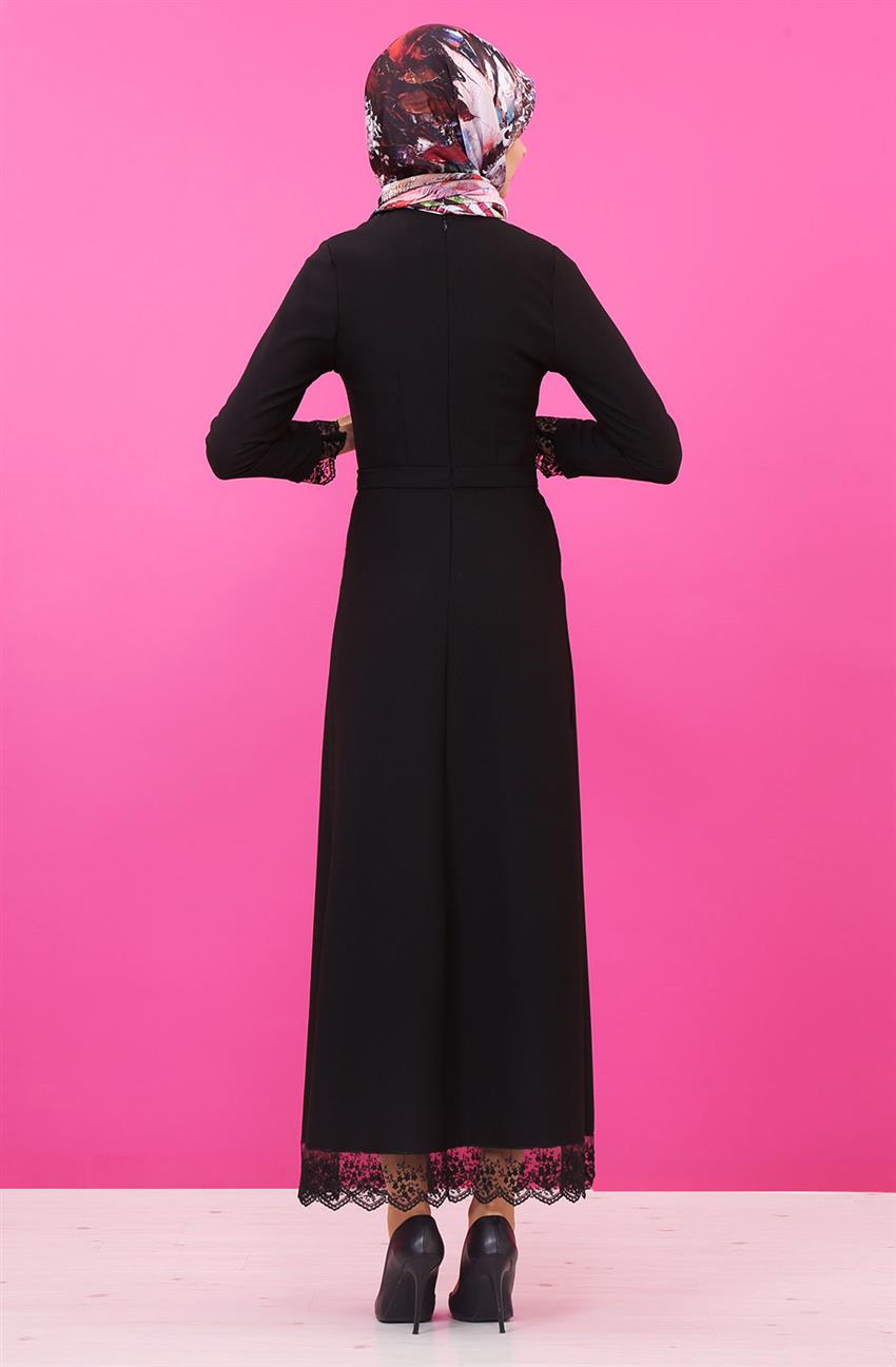 Güpür Detaylı Siyah Elbise 8014-01