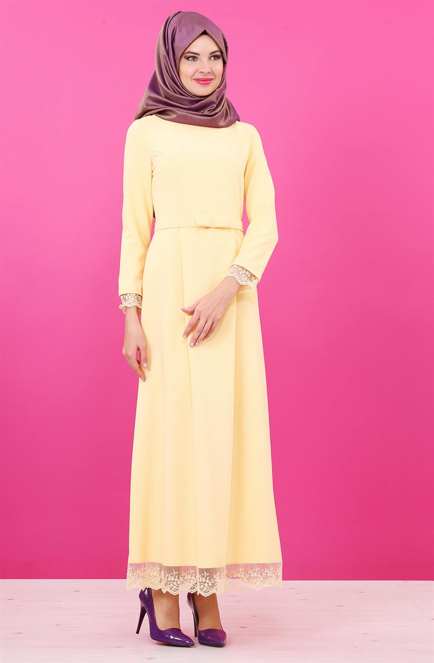 Güpür Detaylı Sarı Elbise 8014-29