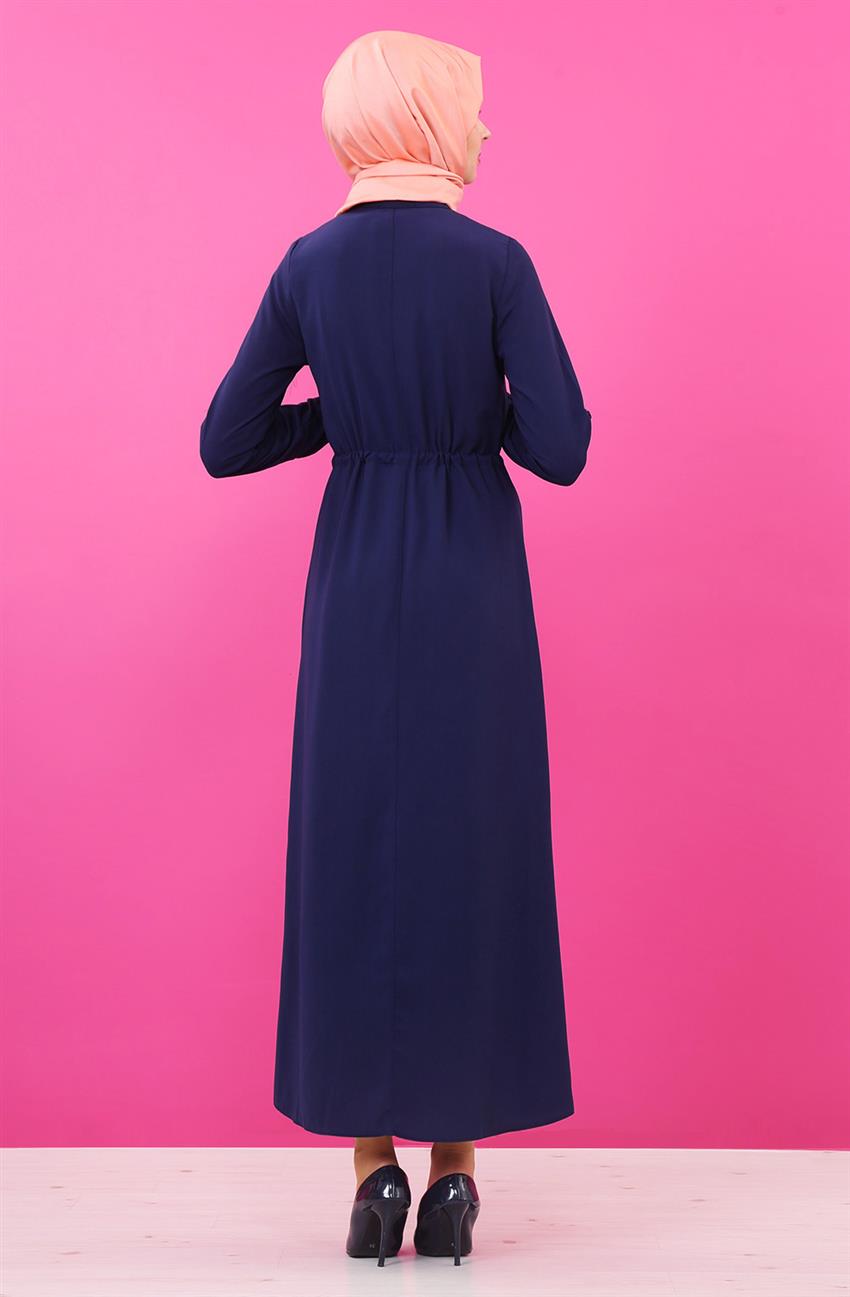 Nakış Detaylı Lacivert Elbise 8016-17
