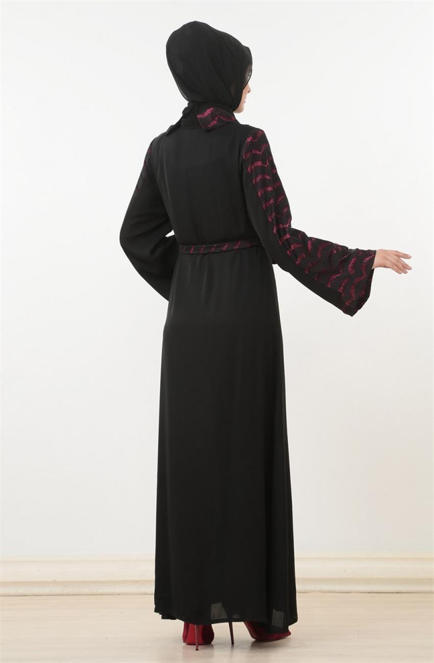 Dik Yaka Kesimli Bordo Elbise Siyah 494-6701