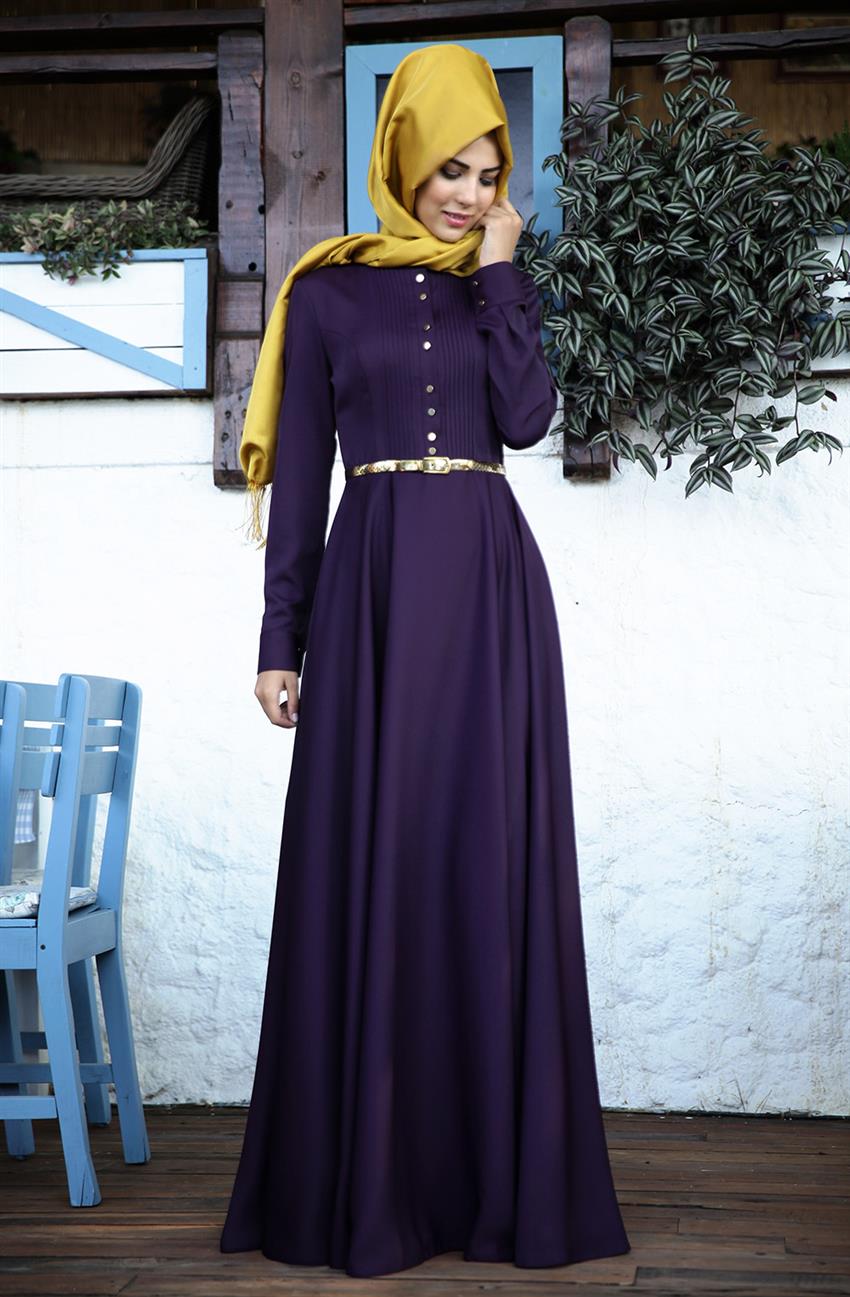 Efruz Nervürlü Mor Elbise 2063-45