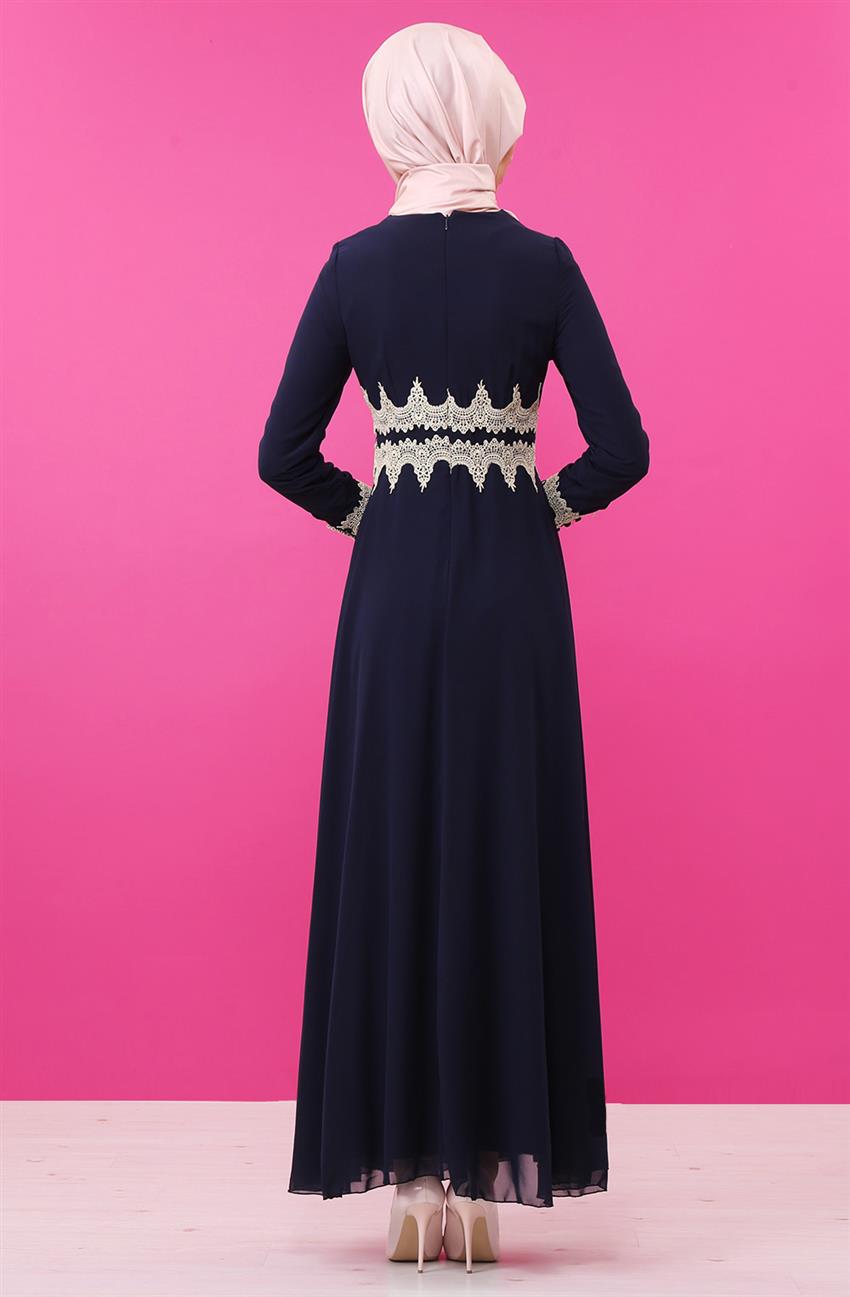 Güpür Detaylı Abiye Lacivert Elbise 8009-17