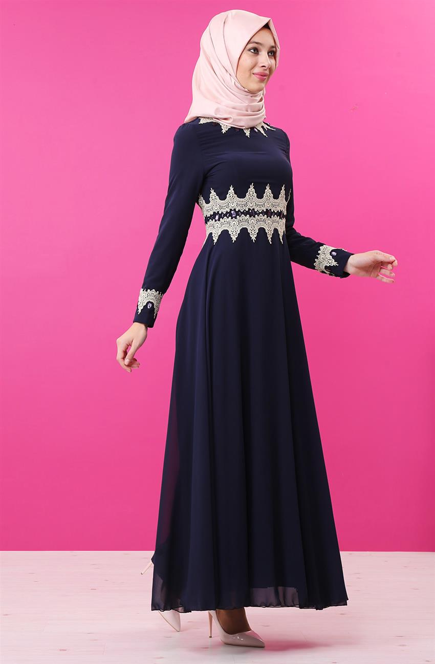 Güpür Detaylı Abiye Lacivert Elbise 8009-17