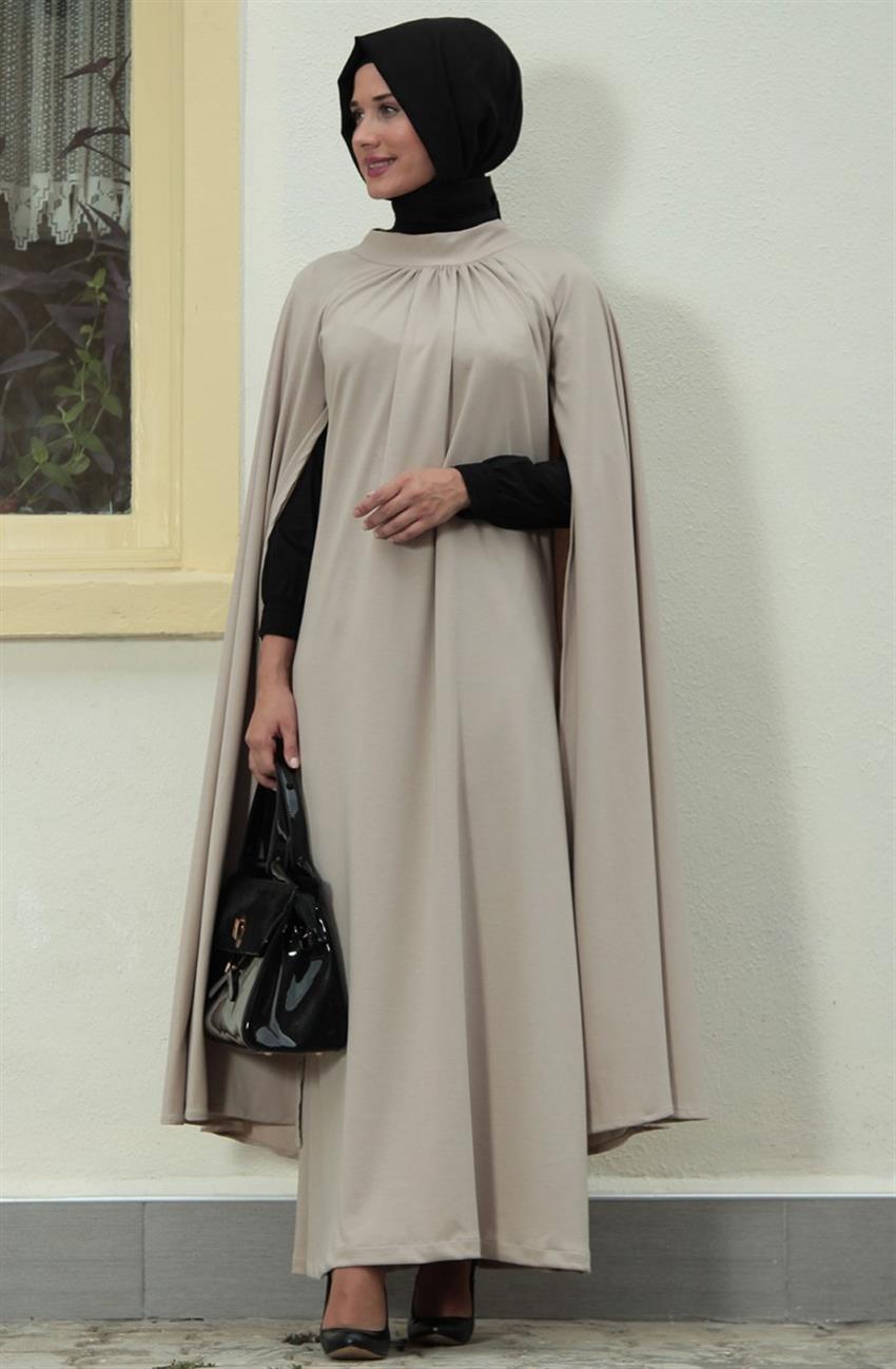 Ara Zeynep Bilyay Pelerin Detaylı Bej Elbise E14-11