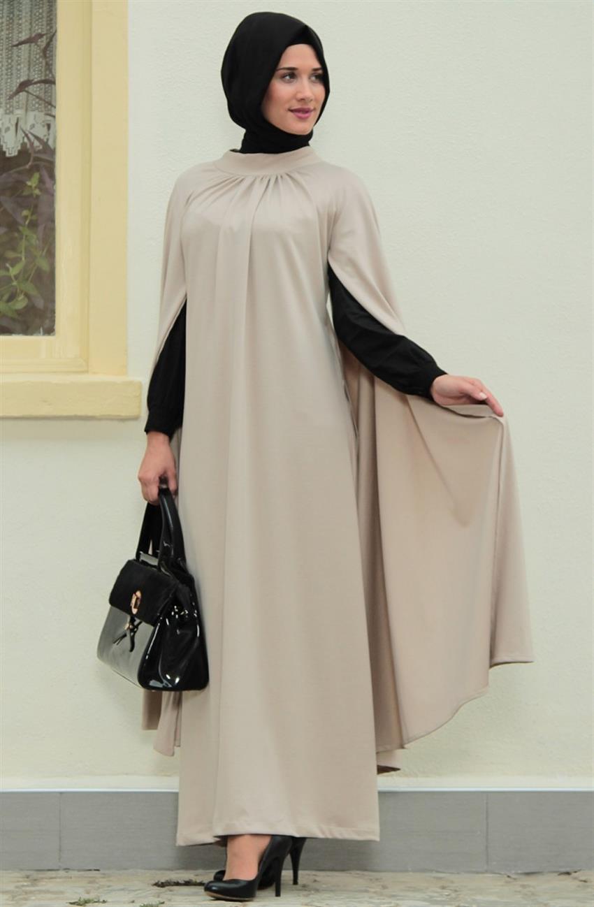 Ara Zeynep Bilyay Pelerin Detaylı Bej Elbise E14-11