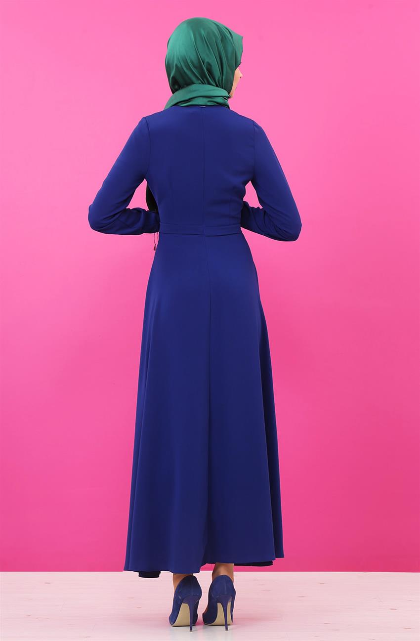 Nakış Detaylı Mavi Elbise 8013-70