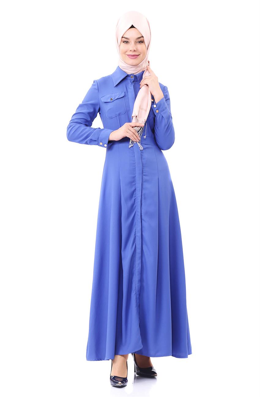 Sivri Yaka Kesimli Mavi Elbise 23022-09