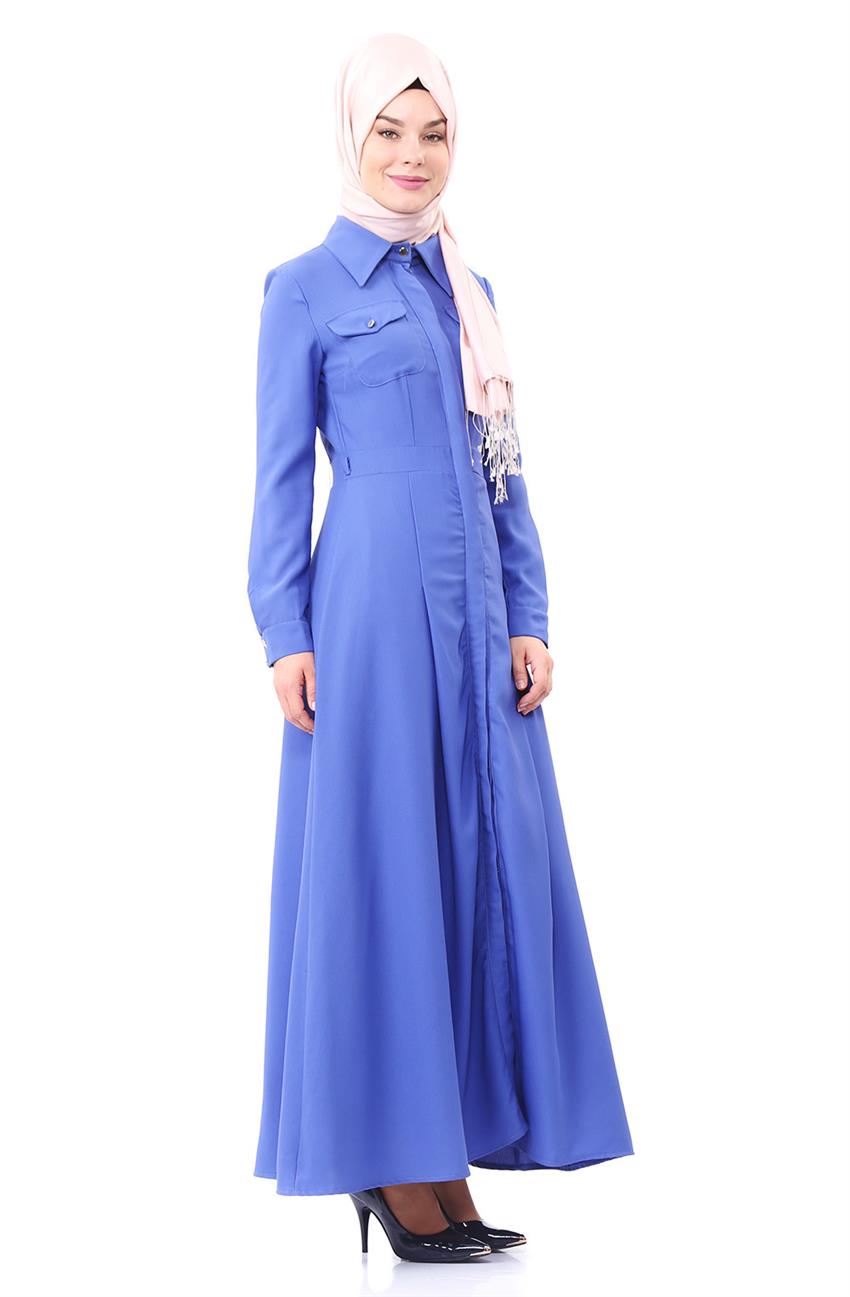 Sivri Yaka Kesimli Mavi Elbise 23022-09