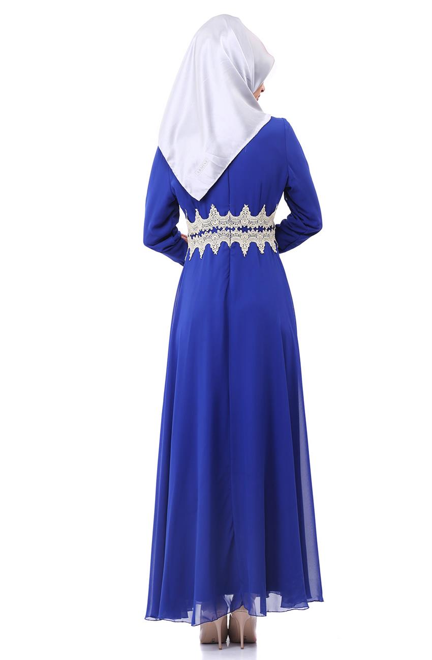 Güpür Detaylı Abiye Saks Elbise 8009-47