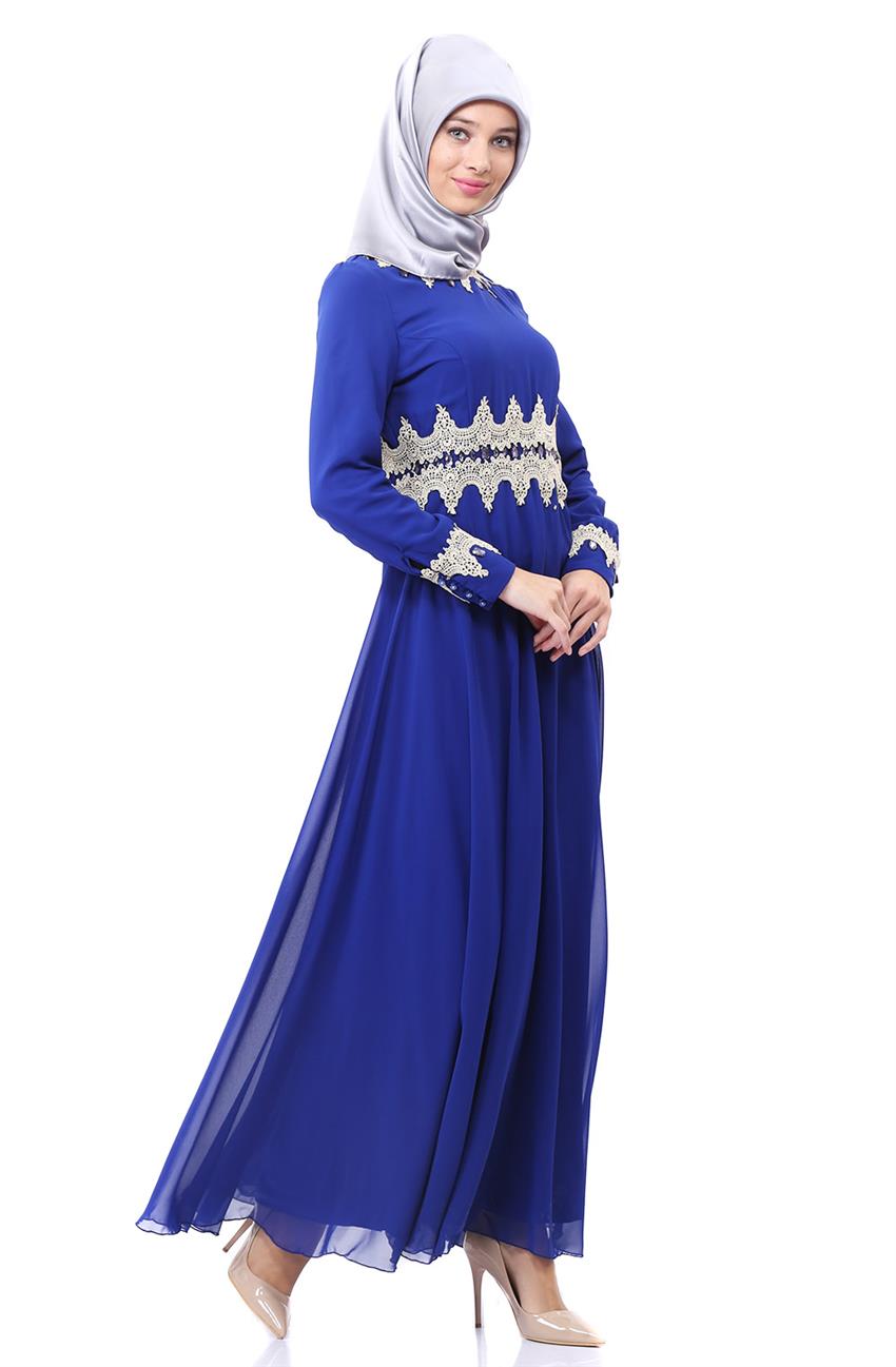 Güpür Detaylı Abiye Saks Elbise 8009-47