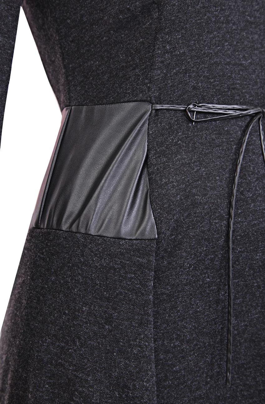 Deri Garnili Siyah Elbise 32789-01