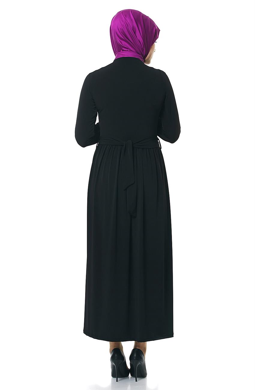 Büzgü Detaylı Siyah Elbise 100-01