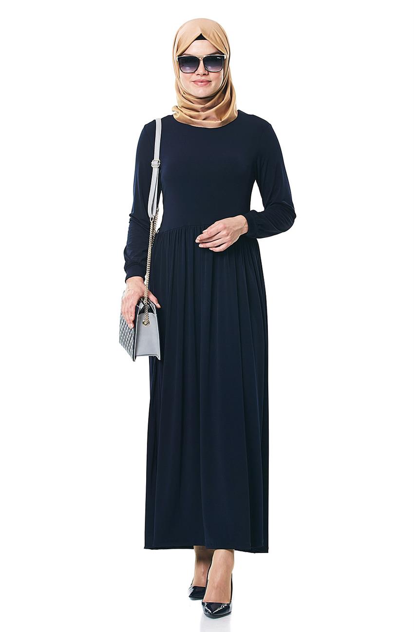Büzgü Detaylı Lacivert Elbise 100-17