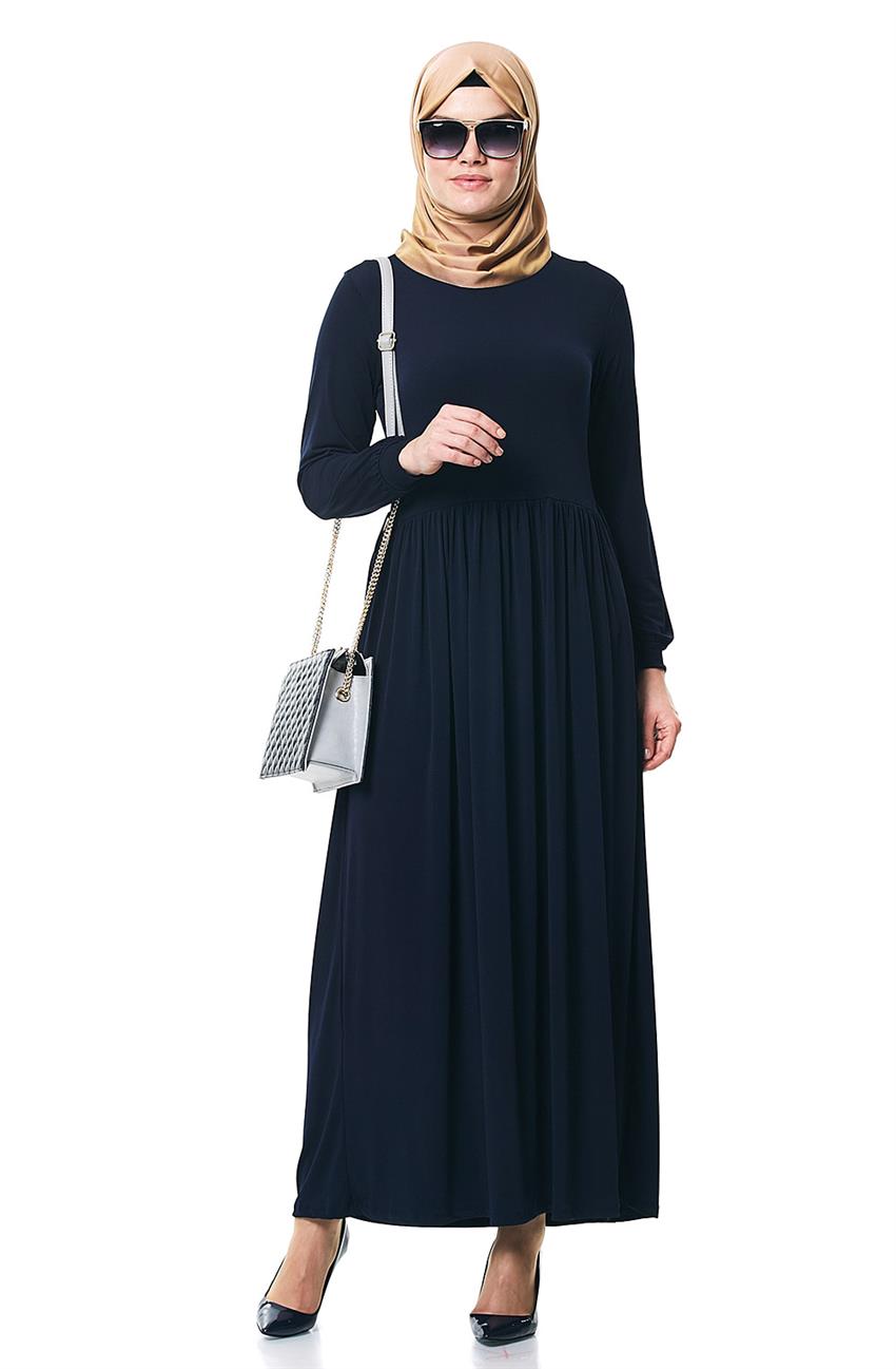 Büzgü Detaylı Lacivert Elbise 100-17