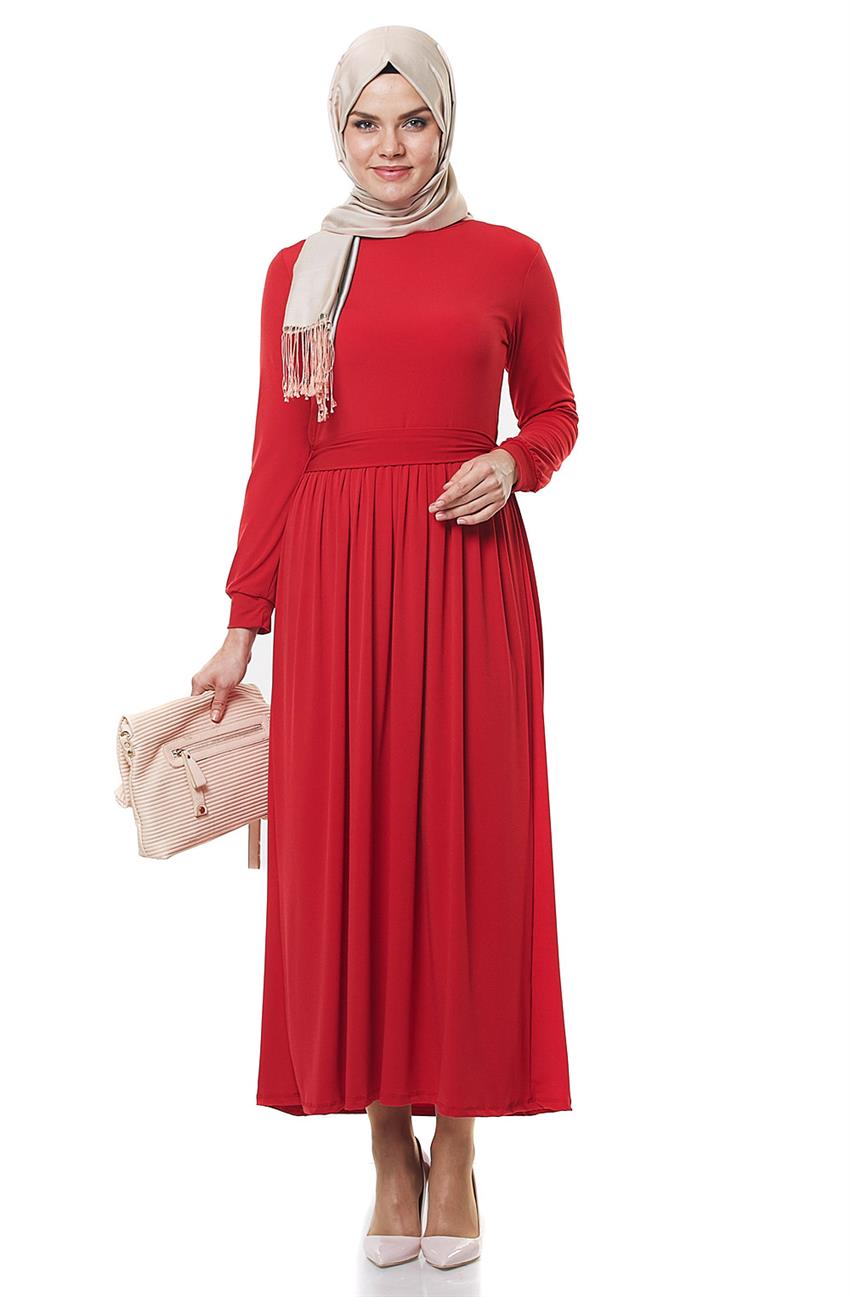 Büzgü Detaylı Kırmızı Elbise 100-34