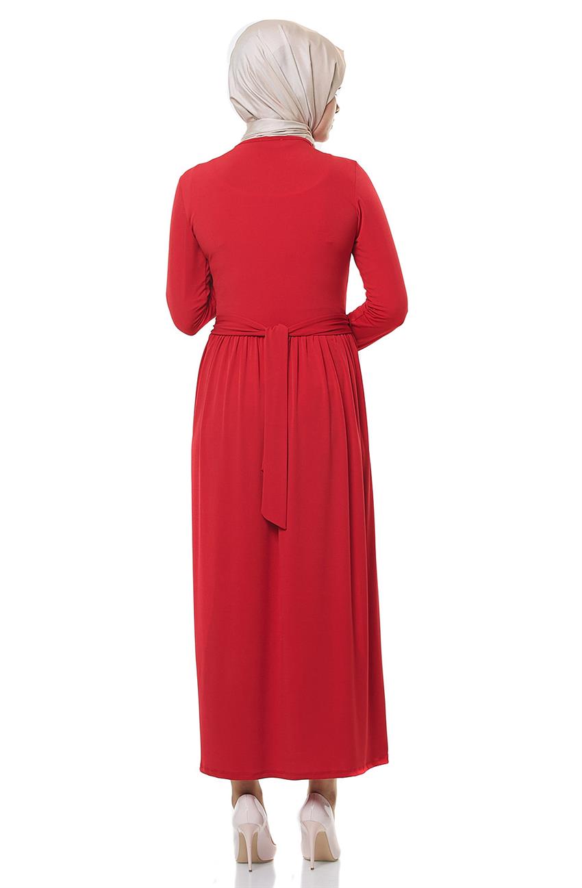 Büzgü Detaylı Kırmızı Elbise 100-34