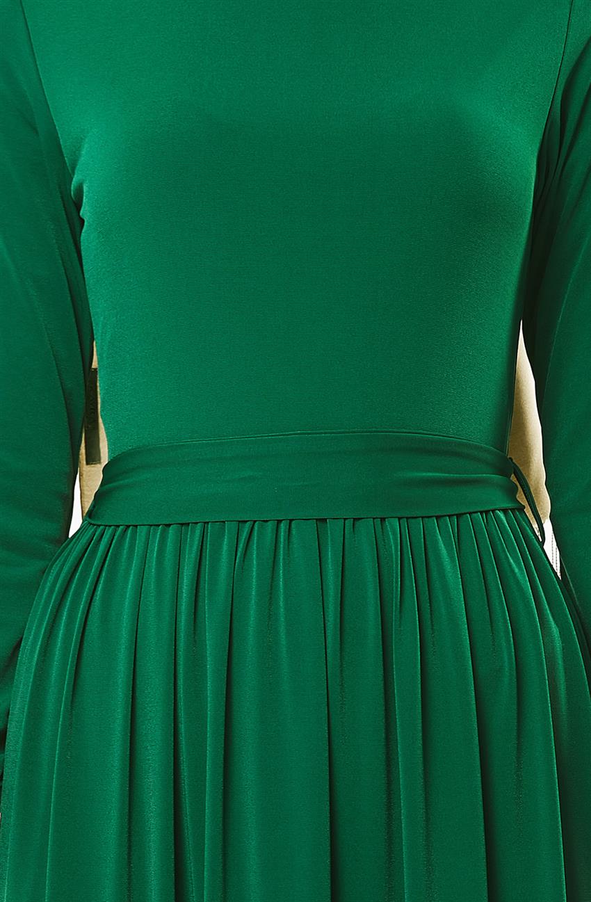 Büzgü Detaylı Yeşil Elbise 100-21