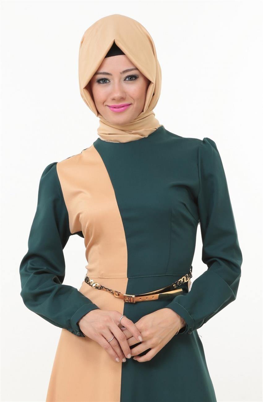 Kloş Kesim Camel Elbise Yeşil ZE3029-4621