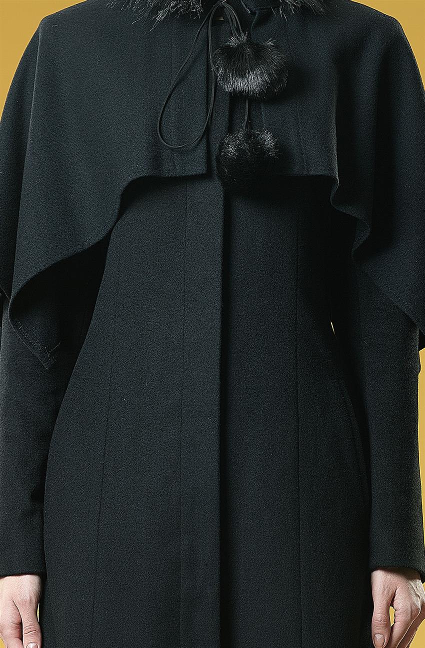 Doque Pelerin Detaylı Keçe Manto-Siyah DO-A6-57011-12