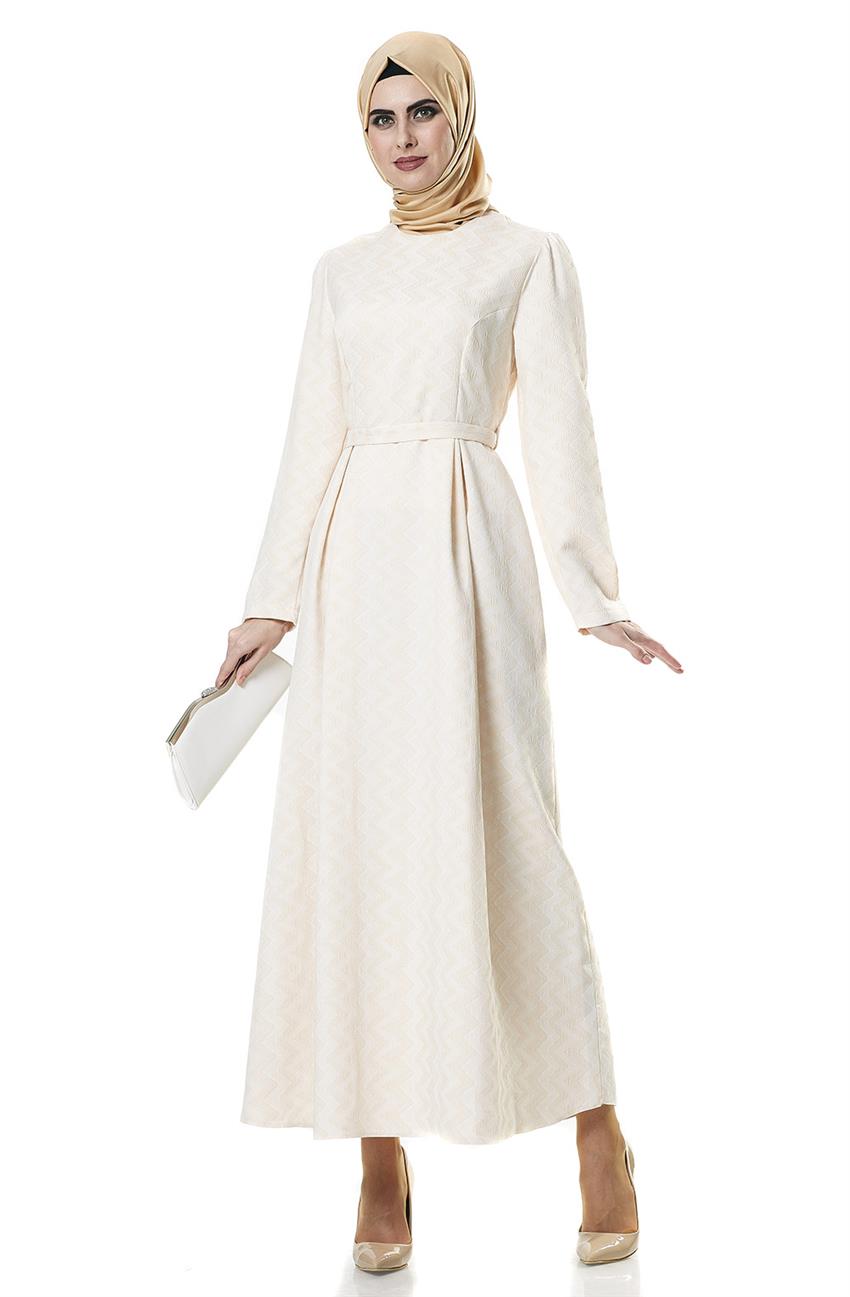 Nursima Desenli Beyaz Elbise Pudra 1700-0241