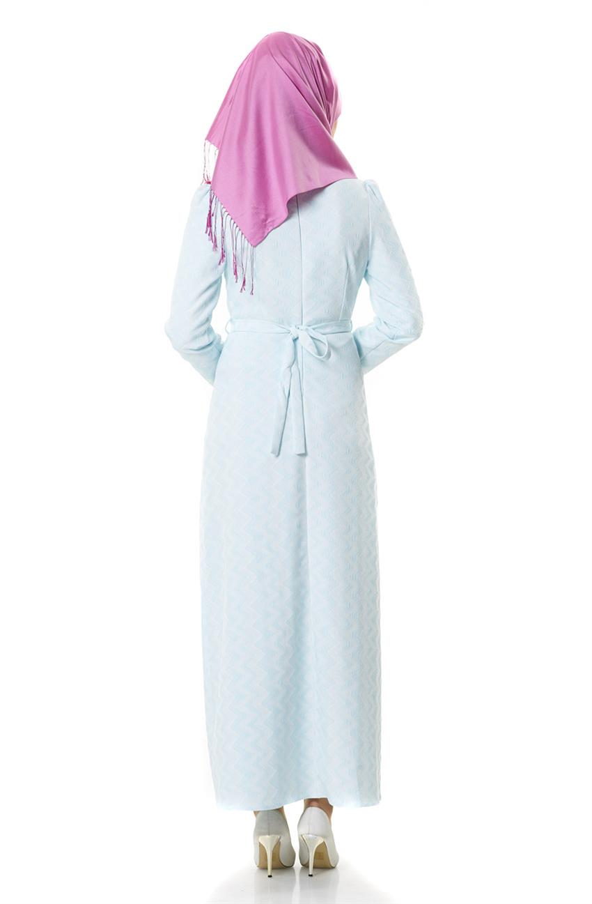 Desenli Beyaz Elbise Buz Mavisi 1700-0214