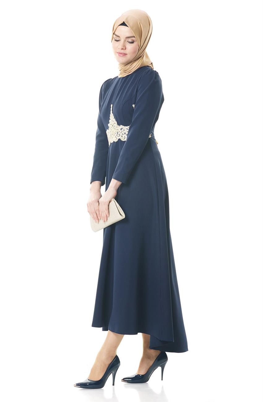 Güpür Detaylı Lacivert Elbise 1703-17