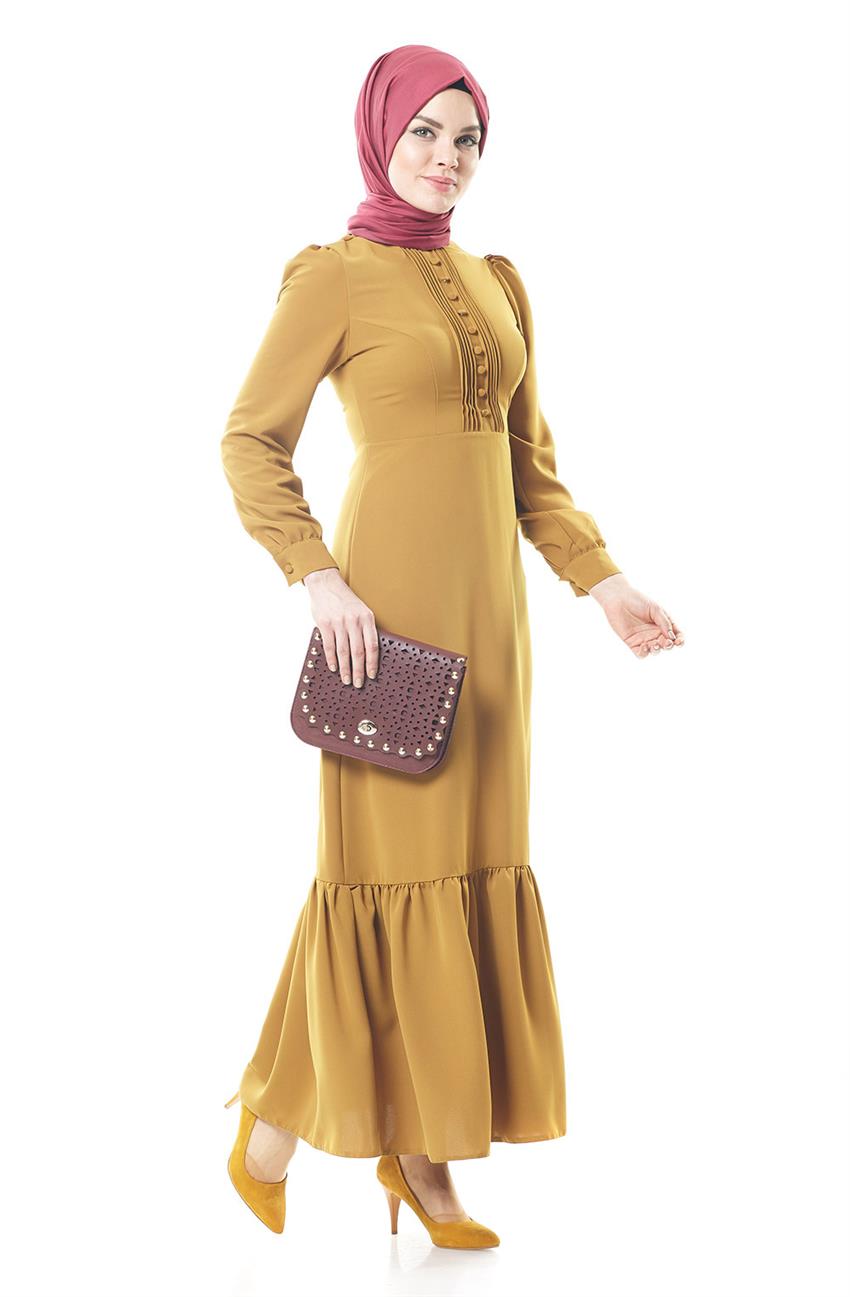 Dik Yaka Kesimli Safran Elbise 8028-74