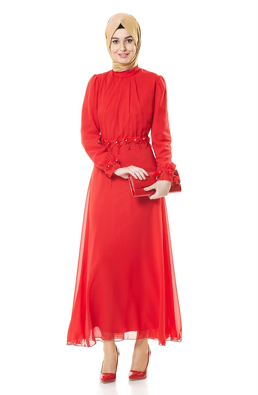Şifon Kırmızı Elbise 1702-06-34