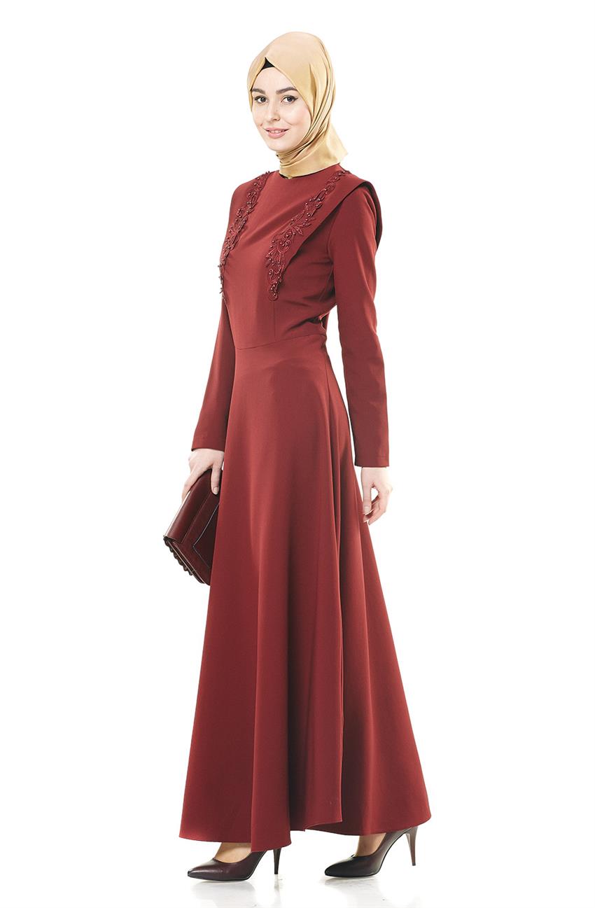Güpür Detaylı Bordo Elbise 1706-01-67