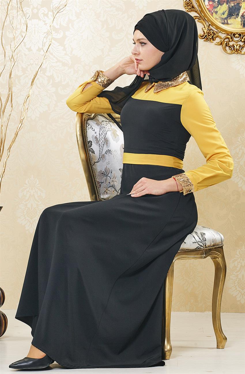 Evening Dress Dress-Black Mustard 6152-0155