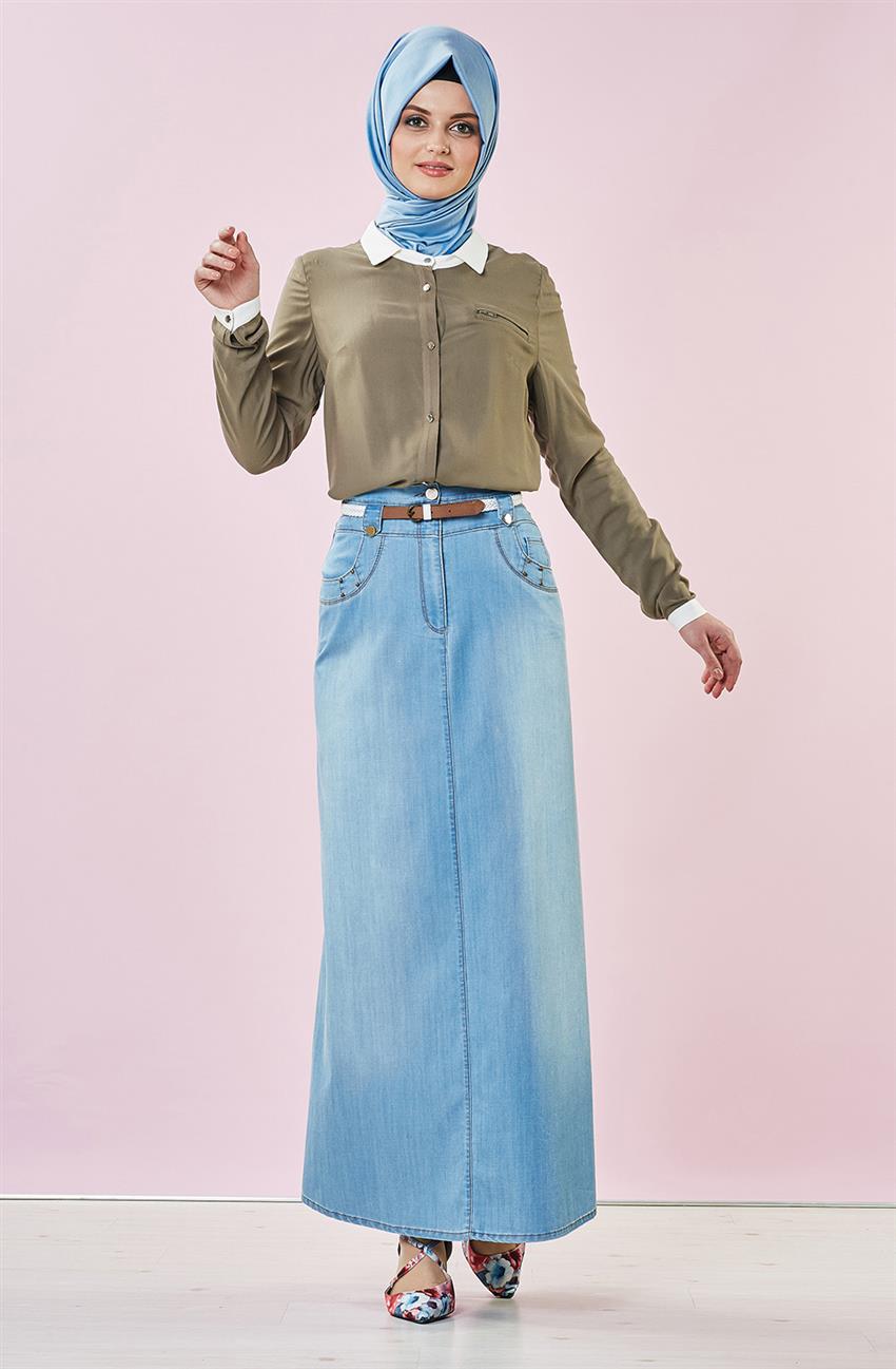 Jeans Skirt-Açik Blue V3004-16