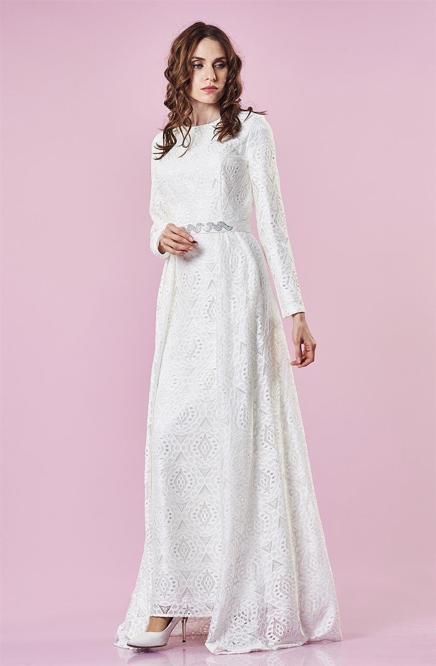 Kemer Detaylı Abiye Beyaz Elbise DS1001-02
