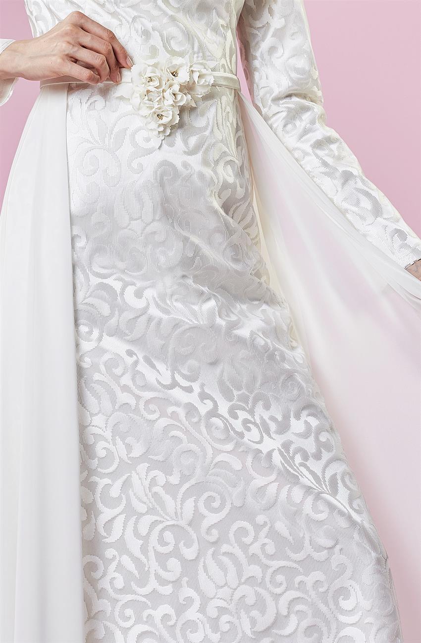 Tül Detaylı Abiye Beyaz Elbise DS1007-02