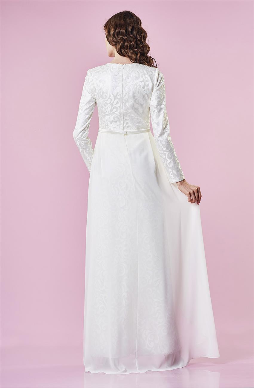 Tül Detaylı Abiye Beyaz Elbise DS1007-02