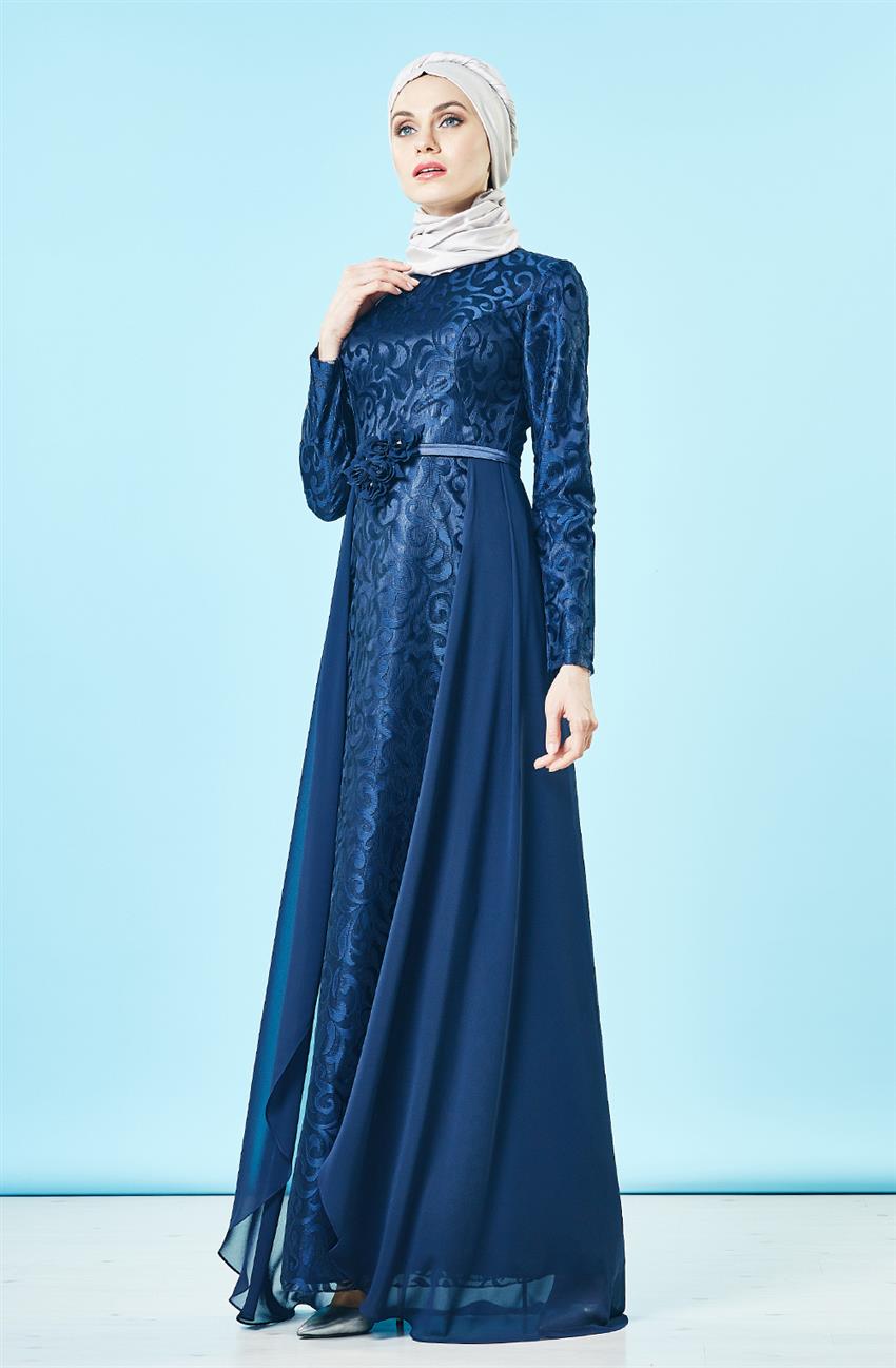 Tül Detaylı Abiye Lacivert Elbise DS1007-17