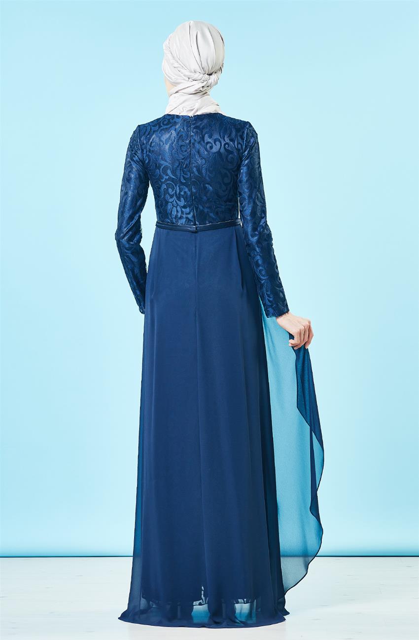 Tül Detaylı Abiye Lacivert Elbise DS1007-17