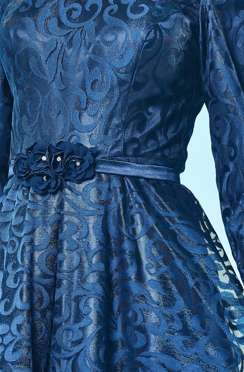 Tül Detaylı Abiye Lacivert Elbise DS1008-17