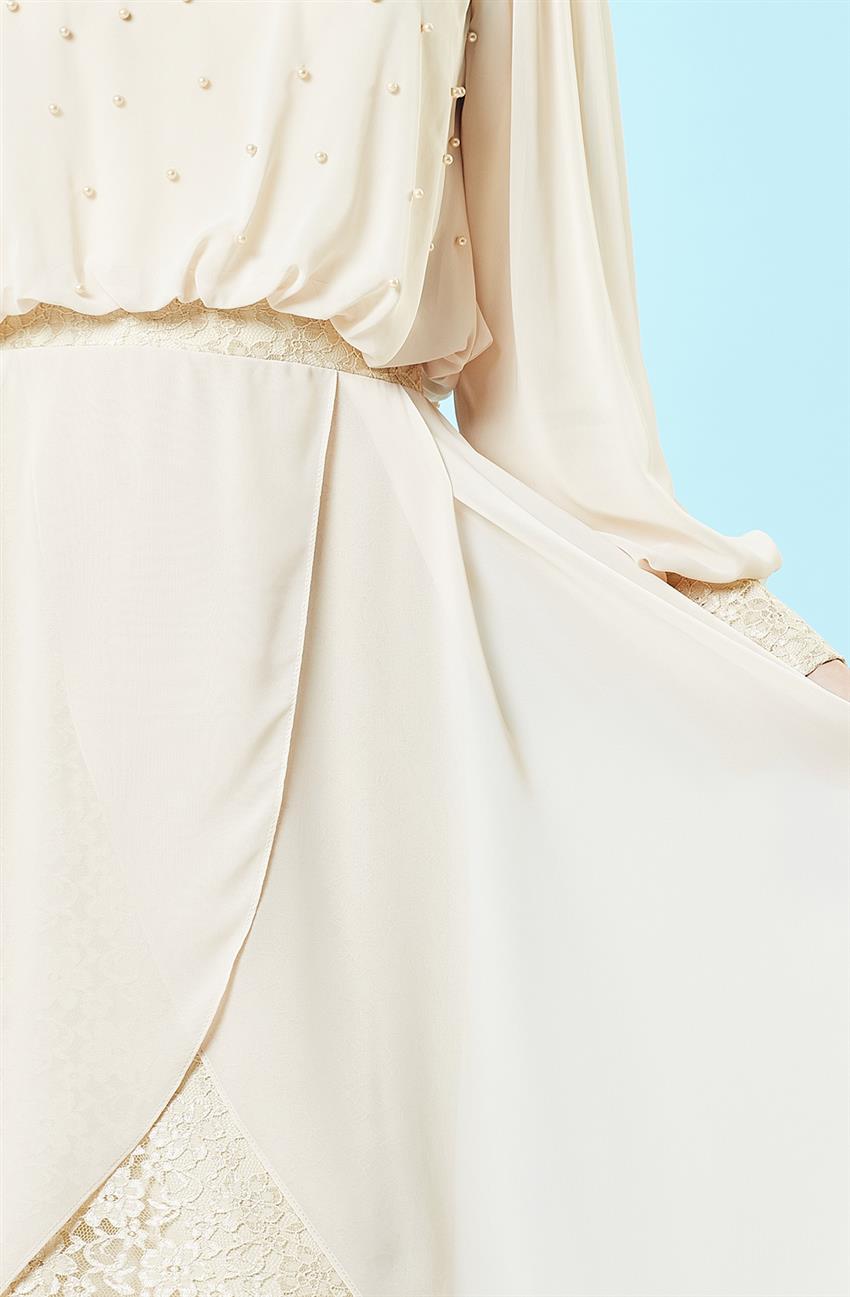 İnci Detaylı Abiye Bej Elbise DS1011-11
