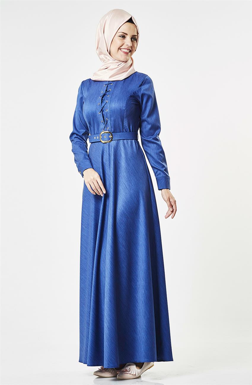 Kemer Detaylı Mavi Elbise H6550-09