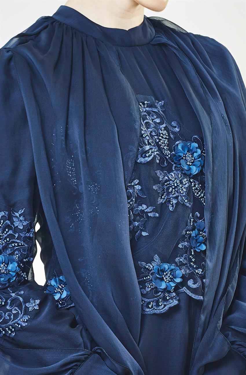 Güpür Detaylı Abiye Lacivert Elbise 1906-17