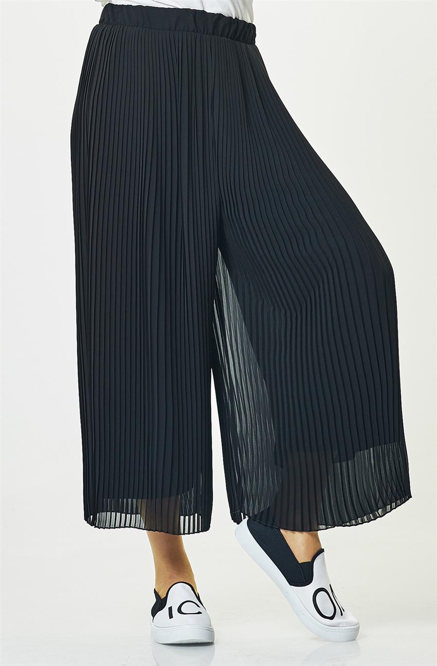 Plisoley Detaylı Pantolon Siyah Etek MS8001-01